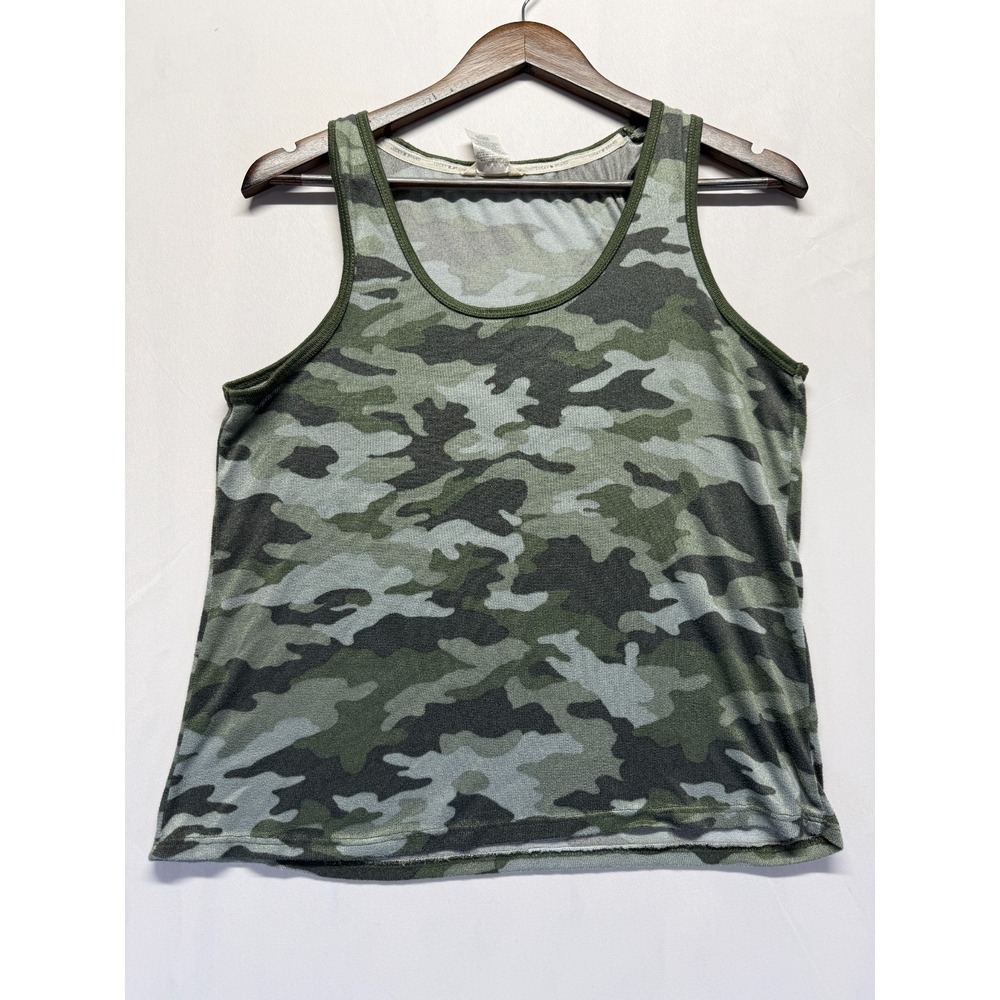 Lucky Brand Tank Top Women Medium Green Multi Camouflage Stretch Knit Scoop Neck